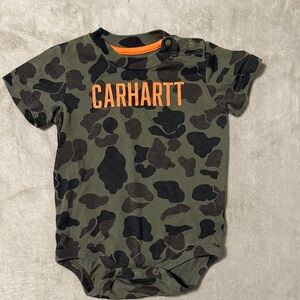 Carhartt Green Camo Baby Bodysuit with Orange Logo